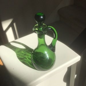Exquisite Vintage Blown Green Glass Decanter. Holds 1/2 cup 6”T (Sku 132)